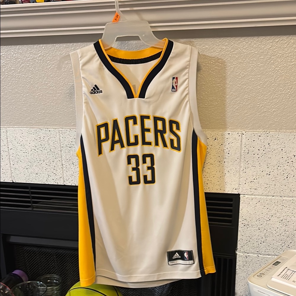 Adidas White and Yellow Pacers Jersey